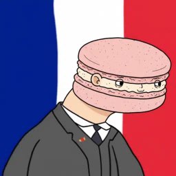 Cartoon character with a pink macaron for a head, in a black suit, in front of the French flag
