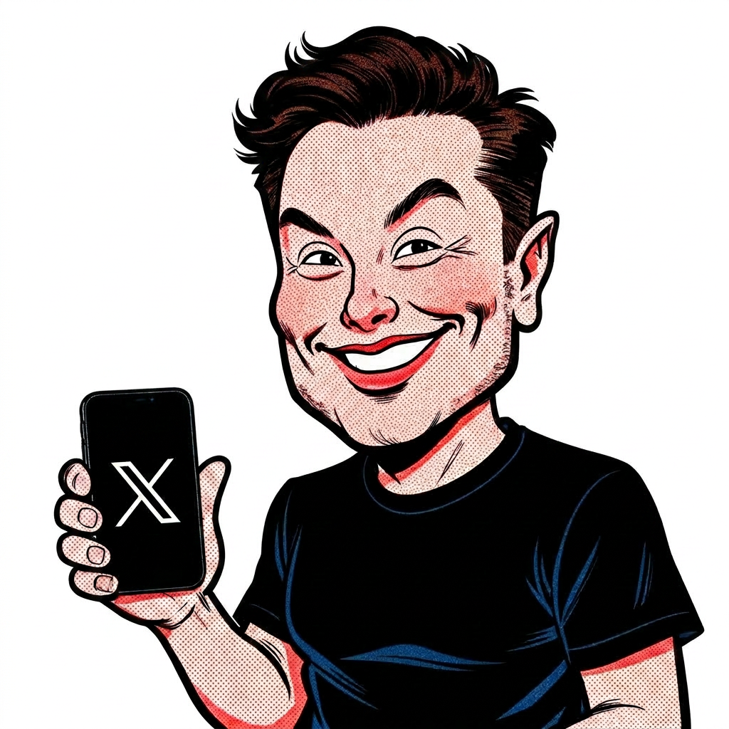 Cartoon Elon Musk holding a phone with the X logo